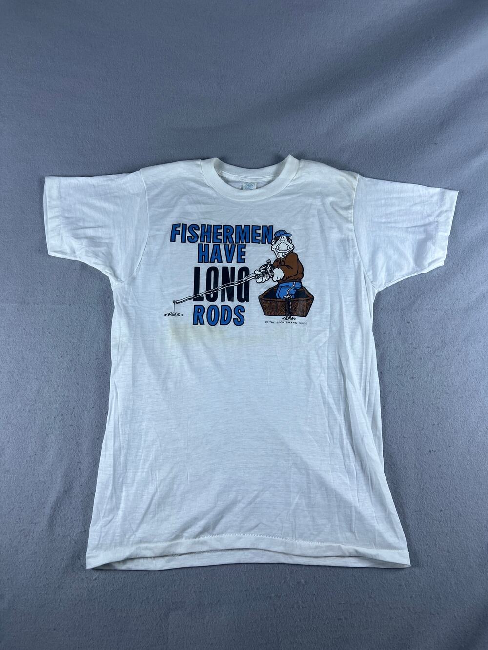 Vintage Fishermen Have Long Rods T-Shirt Mens L White Novelty Fishing Funny USA